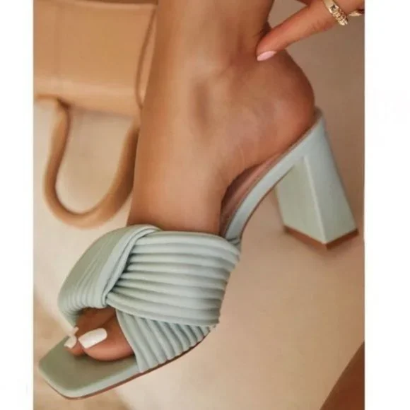 !! NEW !! Sustainable Square Toe Block Heel Mules in Mint Green - Picture 8 of 10